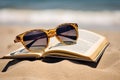 Sunglasses on book sand beach. Generate Ai Royalty Free Stock Photo