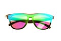 Sunglasses with bright mirror lenses of pink, green and blue colors isolated on white background Royalty Free Stock Photo