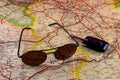 Sunglasses and Car Key on an Old Motoring Route map