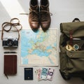 Sunglasses and a compass a brown notebook a pen a passport and various Royalty Free Stock Photo