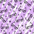 Sunglasses, eye glasses seamless vector pattern. Black outline. Purple texture glasses. Simple fashion background. Ideal Royalty Free Stock Photo