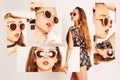 Sunglasses on a girl, a model advertises glasses, a collage, a lot of stylish photos. Woman posing with sunglasses