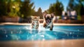 Sunglasses Happy Cute Kitten And Puppy Jump Moment On Pool. Generative AI