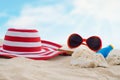 Sunglasses,hat,book,sunblock or suncreen lotion on sand beach Royalty Free Stock Photo