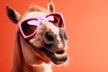 portrait horse animal colourful background fun smile goggles funny green sunglasses. Generative AI.