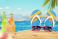 Sunglasses, juice and slippers on beach. Starfish and shells on sand. Beach and sea with palm in background Royalty Free Stock Photo