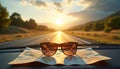 Sunglasses on map inside car with scenic road at sunset Royalty Free Stock Photo
