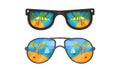 Sunglasses with Ocean or Sea Shore with Palm Tree Reflection Vector Set Royalty Free Stock Photo