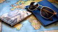 Sunglasses, passport with map. Travel concept, two passports on the map of Europe Royalty Free Stock Photo