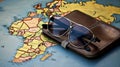 Sunglasses, passport with map. Travel concept, two passports on the map of Europe Royalty Free Stock Photo