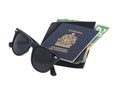 Sunglasses, passport and money