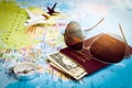 Sunglasses, Passport, Money, Compass and aircraft on the world m Royalty Free Stock Photo