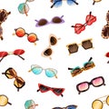 Sunglasses pattern. Seamless background with fashion sun glasses. Summer eyewear print. Repeating texture of modern and