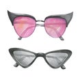 Sunglasses with pink and white lenses in designer frames. Watercolor drawing. Isolated objects on a white background.
