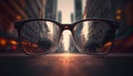 Sunglasses reflection close up eyesight urban skyline modern elegance generated by AI