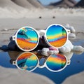 Sunglasses with reflection on the sand. Selective focus. Royalty Free Stock Photo