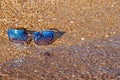 Sunglasses in the sand , washed by the waves of the sea. Forgotten sunglasses with the reflection of the sea in them. The concept Royalty Free Stock Photo