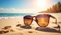 Sunglasses on a sandy beach concept Summer Royalty Free Stock Photo