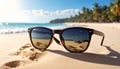 Sunglasses on a sandy beach concept Summer Royalty Free Stock Photo