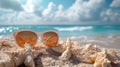 Sunglasses on sandy beach with seashells, ocean background Royalty Free Stock Photo