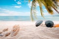 Sunglasses on sandy in seaside summer beach with starfish, shells, coral on sandbar and blur sea background Royalty Free Stock Photo