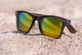 Sunglasses on the sand, close up view, beach Royalty Free Stock Photo