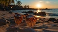 sunglasses on the seashore in the setting sun