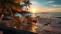 sunglasses on the seashore in the setting sun