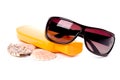 Sunglasses, shells and lotion Royalty Free Stock Photo