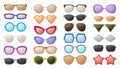 Sunglasses silhouettes. Colorful fashion protective eyewear in various styles, trendy glamour spectacles with reflection