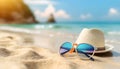 Sunglasses and sunhat on a sandy beach with tropical sea background Royalty Free Stock Photo