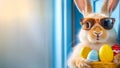 Sunglasses-wearing bunny holding easter egg basket in front of blue door Royalty Free Stock Photo
