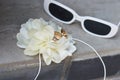 Sunglasses, white boutanier flower and newlyweds rings on a gray concrete surface. Wedding accessories