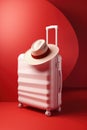 Sunhat on pink wheeled suitcase, on red with copy space, created using generative ai technology Royalty Free Stock Photo