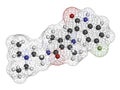 Sunitinib cancer drug molecule. Atoms are represented as spheres with conventional color coding: hydrogen white, carbon grey,.