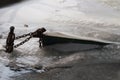 Sunk boat in the frozen river near the lake Balaton in Hungary. Royalty Free Stock Photo