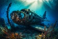 sunken airplane fuselage in the ocean reef Royalty Free Stock Photo