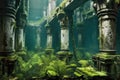 sunken ancient city ruins with seaweed-covered columns