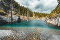 The sunken forest of Lake Kaindy. Lake Kaindy, meaning the `birch tree lake` is a 400-meter-long lake in Kazakhstan that Royalty Free Stock Photo