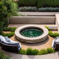 Sunken Lounge: A sunken lounge area with plush seating, a central fire pit, and a lush garden surrounding the sunken space for a