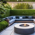 Sunken Lounge: A sunken lounge area with plush seating, a central fire pit, and a lush garden surrounding the sunken space for a