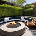 Sunken Lounge: A sunken lounge area with plush seating, a central fire pit, and a lush garden surrounding the sunken space for a