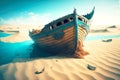 sunken old wooden boat on sandy seabed