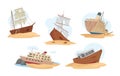 sunken pirate and cargo ships set. wreck of cargo and pirate ships,sunken ships lie on the water surface and on the sand Royalty Free Stock Photo