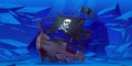 Sunken pirate ship with black flag on sea bottom