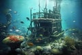 sunken pirate ship resting on the ocean floor, surrounded by marine life