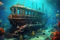 sunken pirate ship resting on the ocean floor, surrounded by marine life