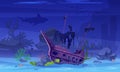 Sunken pirate ship on sea or ocean bottom, underwater boat shipwreck scene of seabed