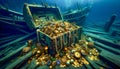 a sunken pirate treasure chest jewels fortune diamond gold sea coins rich money finance antique precious wooden shipwreck golden Royalty Free Stock Photo