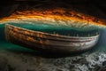 A Sunken Rowboat Resting on the Lake Bottom Surrounded by Natural Elements and Clear Water Royalty Free Stock Photo